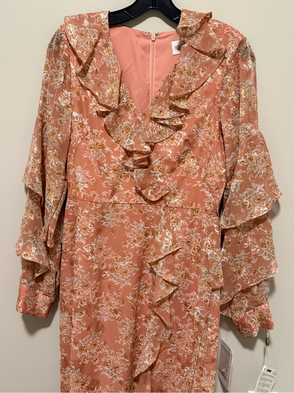 Mikael Aghal Dusty Rose Floral Ruffled Midi Dress